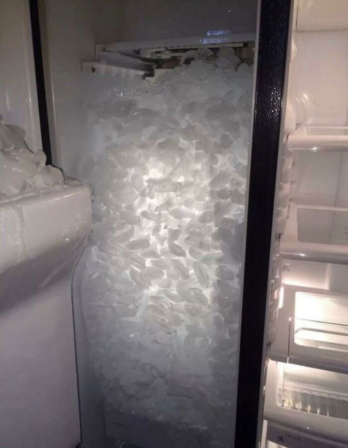 An overflowing ice maker with ice cubes filling the entire freezer, a person having a worse day.