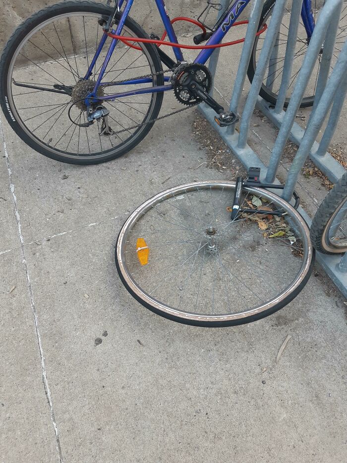 A bicycle with only its front wheel remaining, attached by a lock, indicating a person having a worse day.