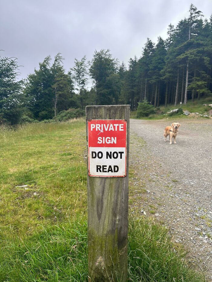 A hilariously failed sign in a natural setting, red with white text, that says PRIVATE SIGN DO NOT READ.