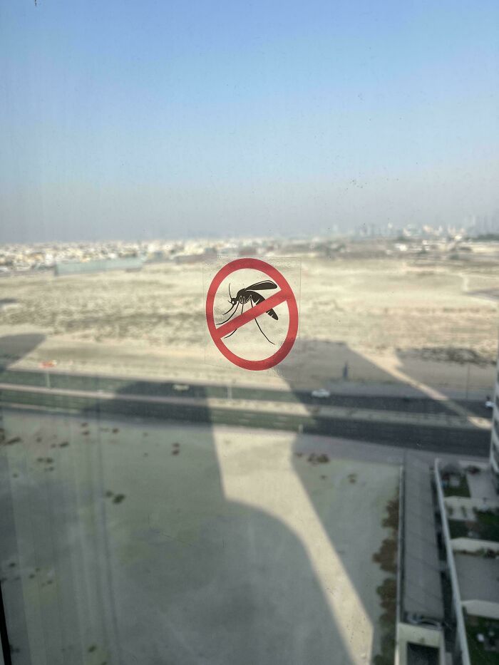 A hilariously failed sign against mosquitos on a window, with a vast outdoor space visible beyond.