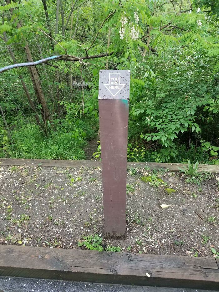 A hilariously failed sign pointing down to the ground that reads YOU ARE HERE.
