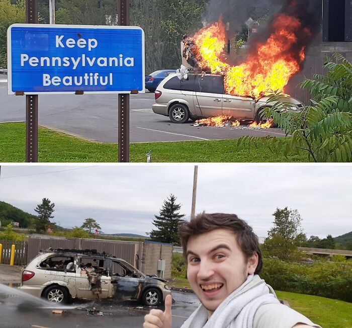 A minivan fully engulfed in flames next to a Keep Pennsylvania Beautiful sign, depicting a person having a worse day.