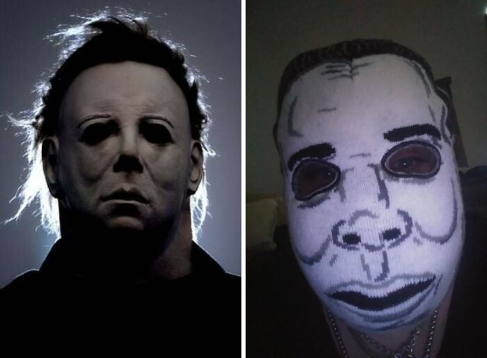A side-by-side comparison of Michael Myers mask and a poorly made knitted version, making for a way worse day.