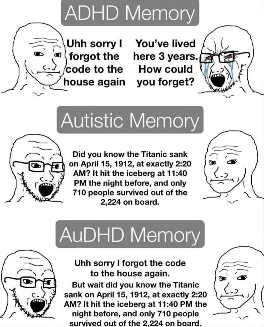 A meme comparing ADHD, Autistic, and AuDHD memory types, highlighting specific memory patterns for Autistic People.
