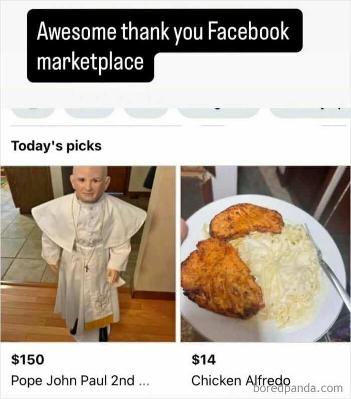 A screenshot of a Facebook Marketplace listing showing a Pope John Paul II doll for $150 and Chicken Alfredo for $14, highlighting cringe posts.