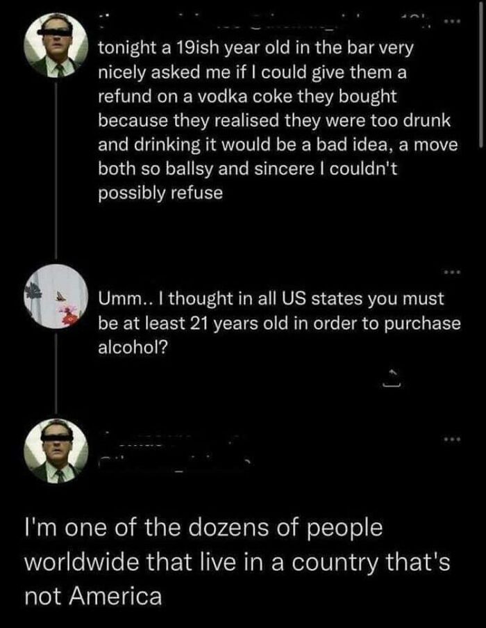 A social media exchange where someone is corrected about the legal drinking age in different countries.