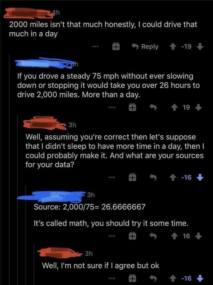 A Reddit conversation where a user is corrected about the time it takes to drive 2,000 miles.
