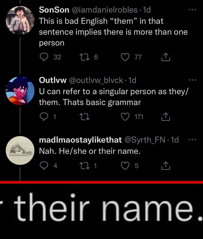 A social media exchange where users are correcting someone online about the singular use of 'them', illustrating satisfying corrections.