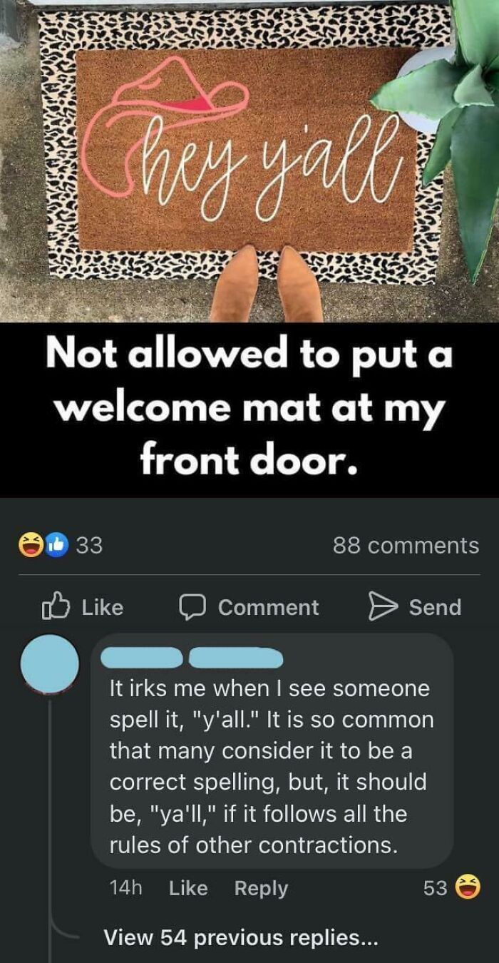 A social media comment section where a user corrects the spelling of the word 'y'all' on a welcome mat.