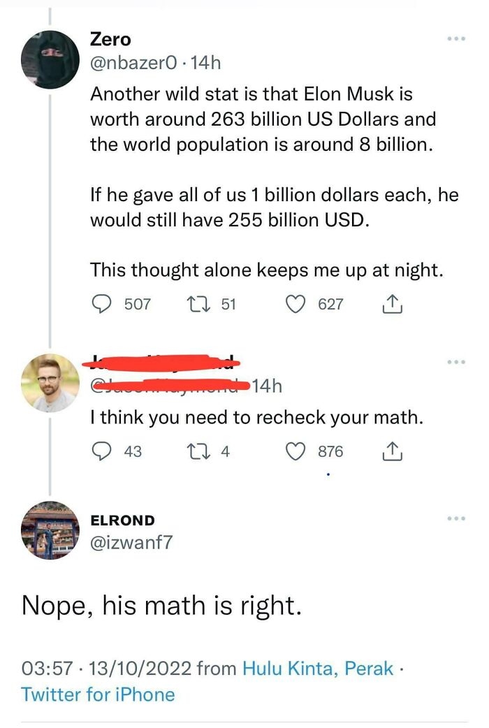 A social media post with a humorous correction regarding Elon Musk's wealth distribution.