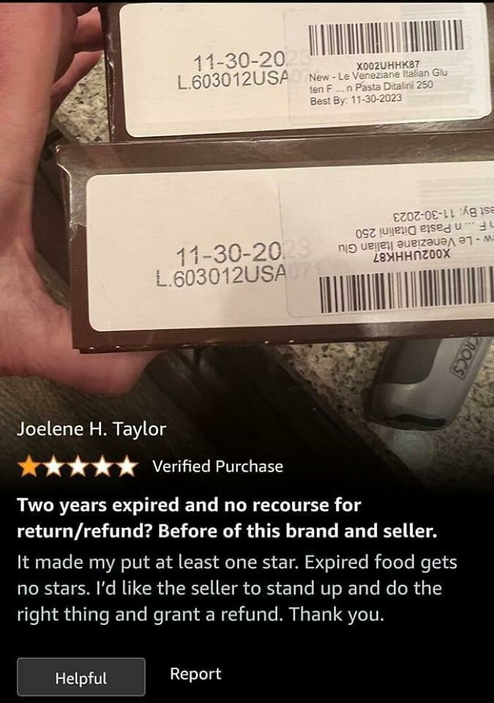 A product label showing an expired date, corrected by a customer review.