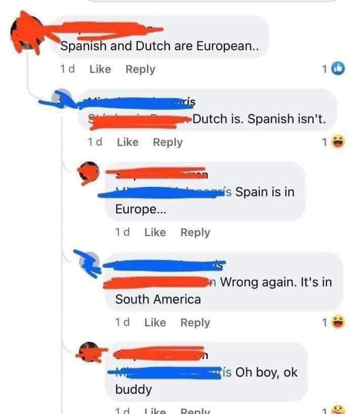 A conversation showing multiple online corrections about Spanish and Dutch geography.