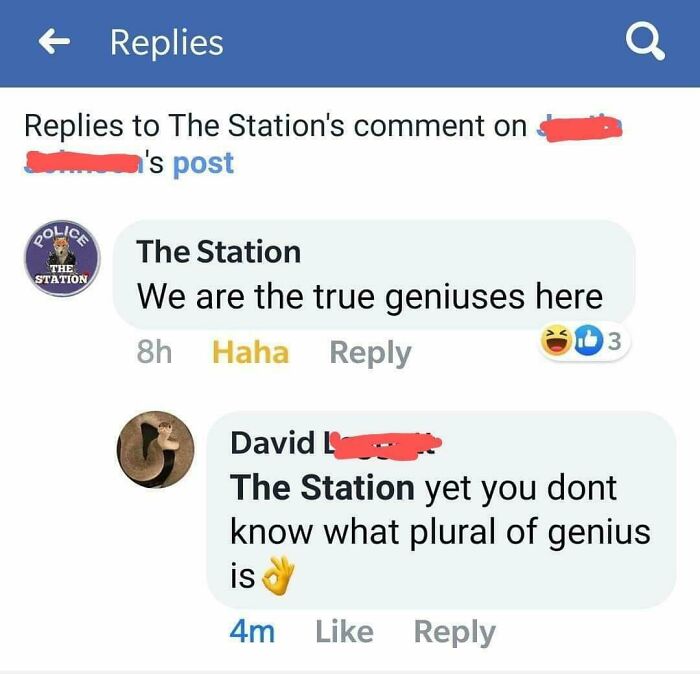 A Facebook screenshot shows a user correcting someone online, pointing out a grammatical error in a police station's post.