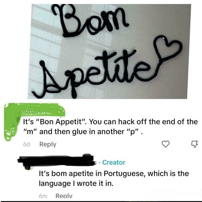 A screenshot shows a conversation where a user corrects someone online about a sign that says Bom Apetite, explaining it's Portuguese.