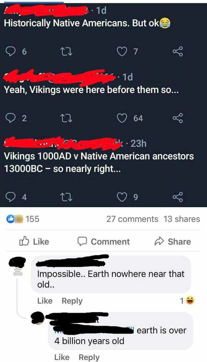 A screenshot showing multiple online corrections regarding Vikings, Native Americans, and the Earth's age.