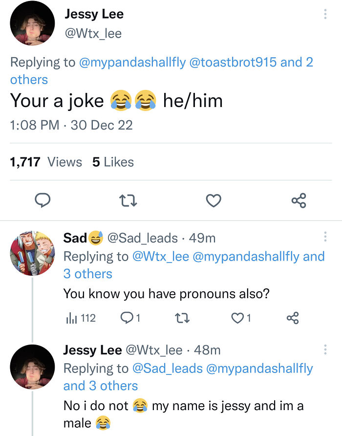 A screenshot showing people correcting someone online about the use of pronouns.