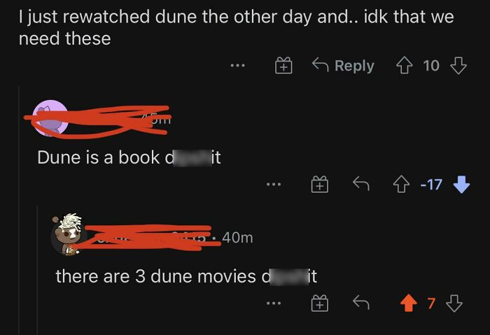 A screenshot showing people correcting someone online about the number of Dune movies and books.