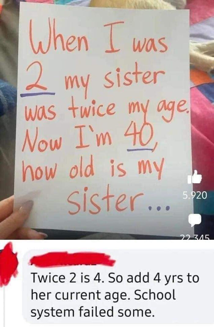 A social media post with a math riddle about age, corrected online in a satisfying way.
