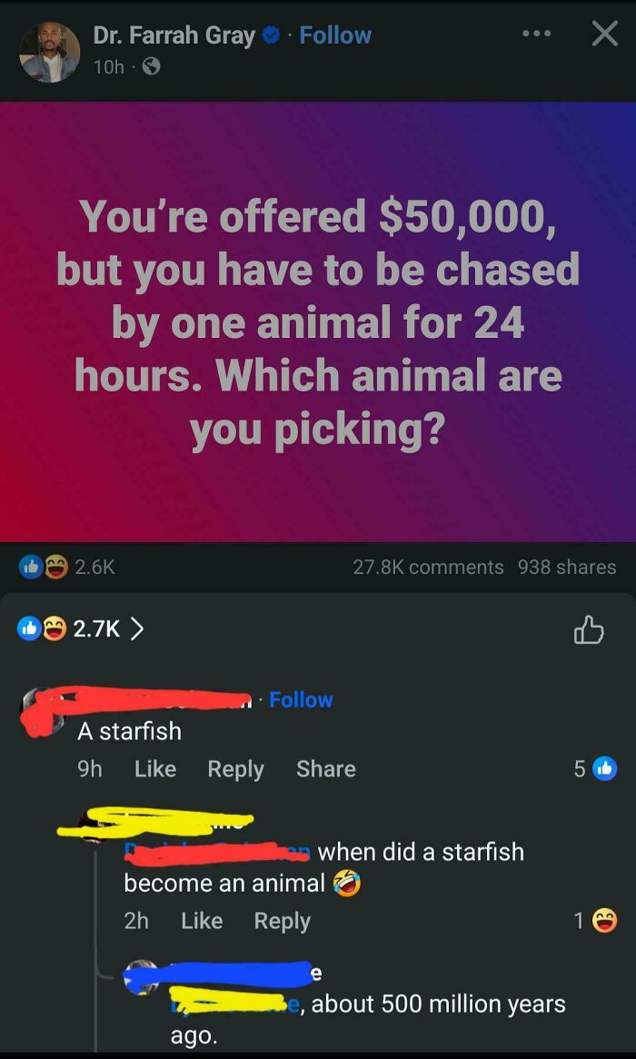 A social media post with someone correcting someone online about starfish being animals.