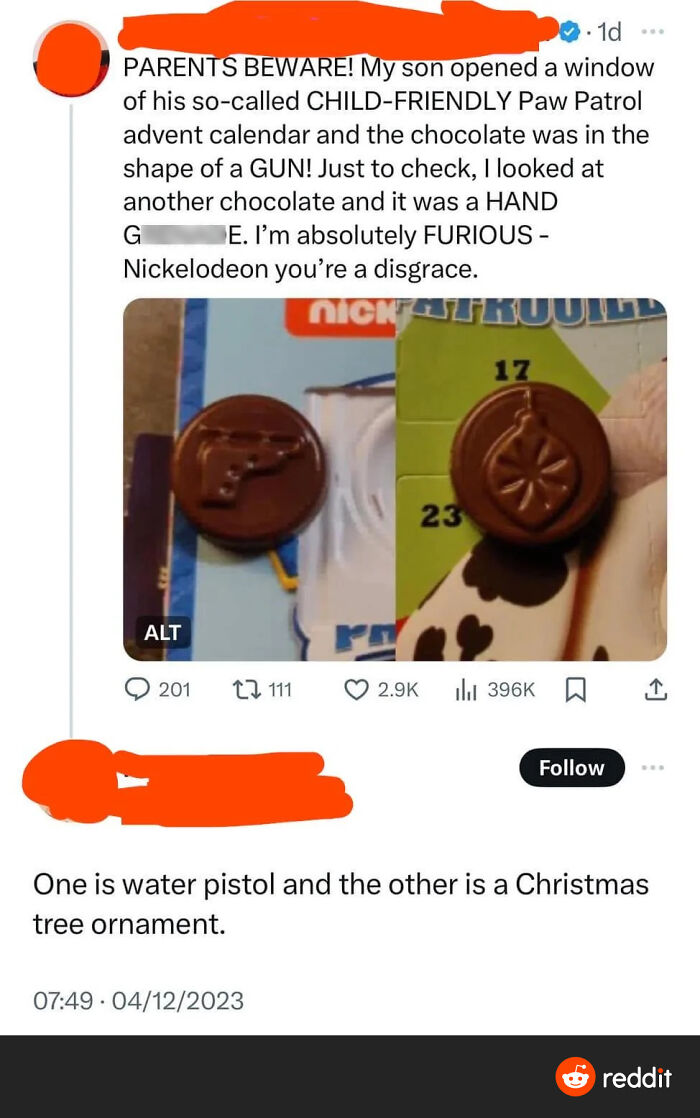 A post where someone is correcting someone online about a 'gun-shaped' chocolate from an advent calendar.