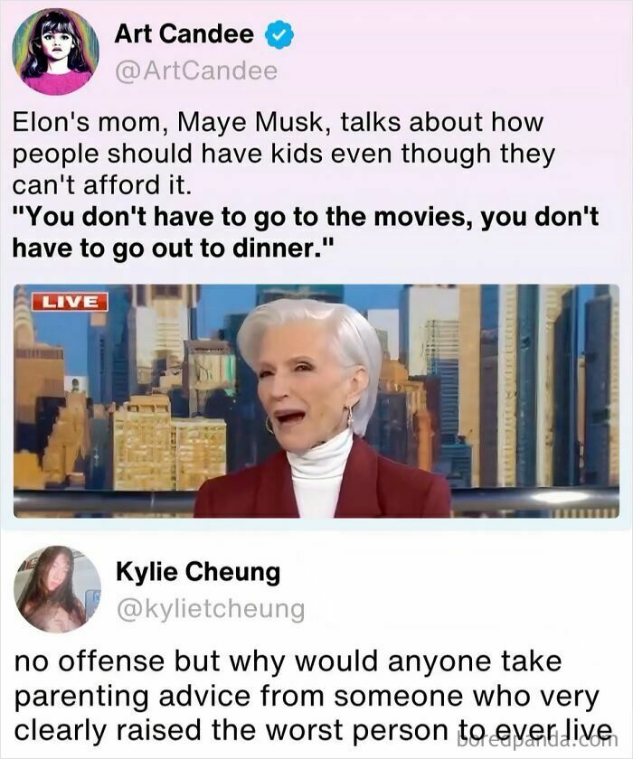 Ironic responses: Maye Musk talking about having kids despite not affording them, with a reply about her son.