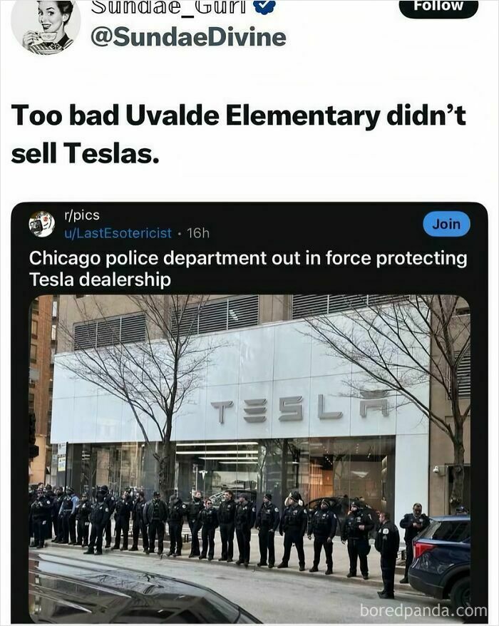 An ironic response on Twitter about Uvalde Elementary not selling Teslas, referencing police protecting a Tesla dealership.