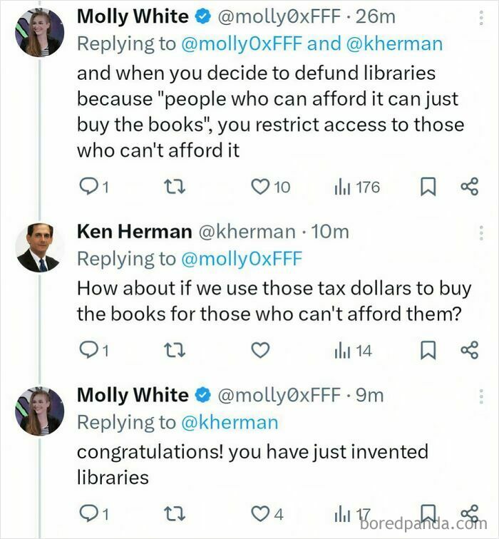Molly White's ironic responses on Twitter about defunding libraries and the invention of libraries, highlighting nonsensical posts.