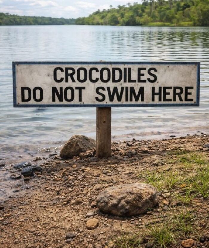 A hilariously failed sign at the water edge states, CROCODILES DO NOT SWIM HERE.