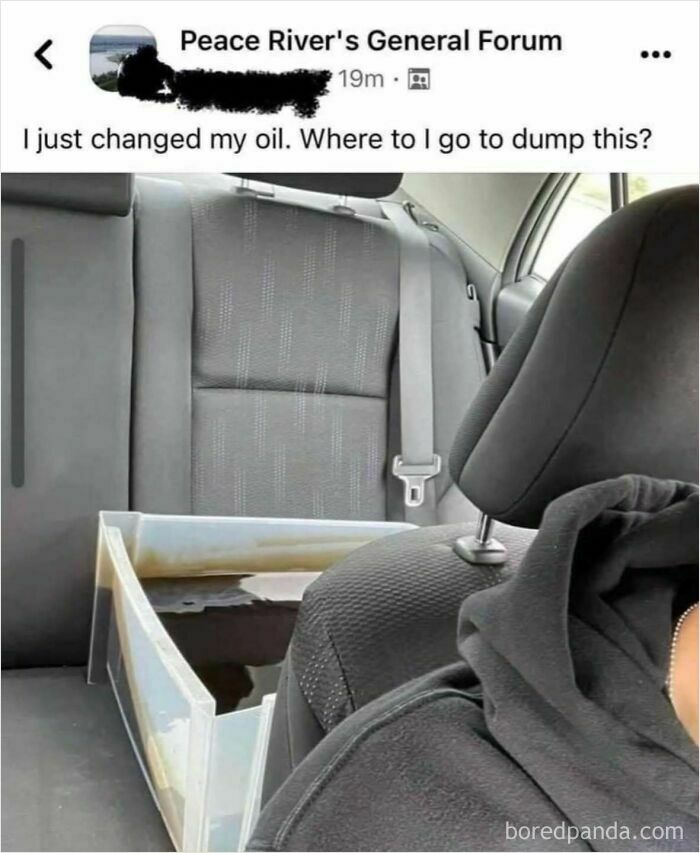 A person holding a container of used car oil in the back seat of a car, a cringe post about oil disposal.