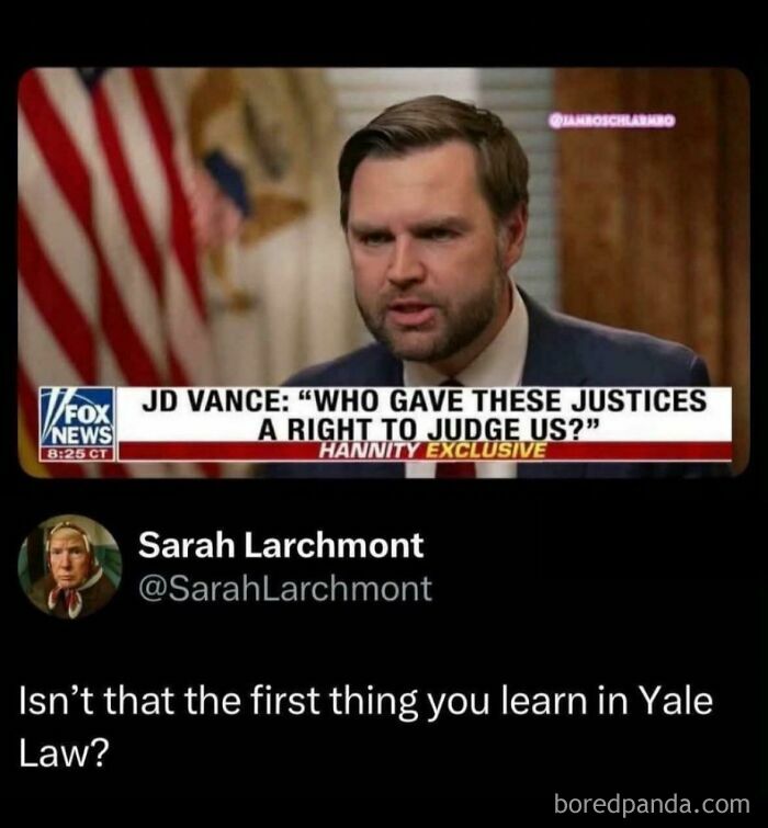 Ironic responses to JD Vance's question about judicial authority, bringing back internet harmony.