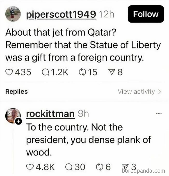 Ironic responses on a post about the Statue of Liberty gift bringing back internet harmony.