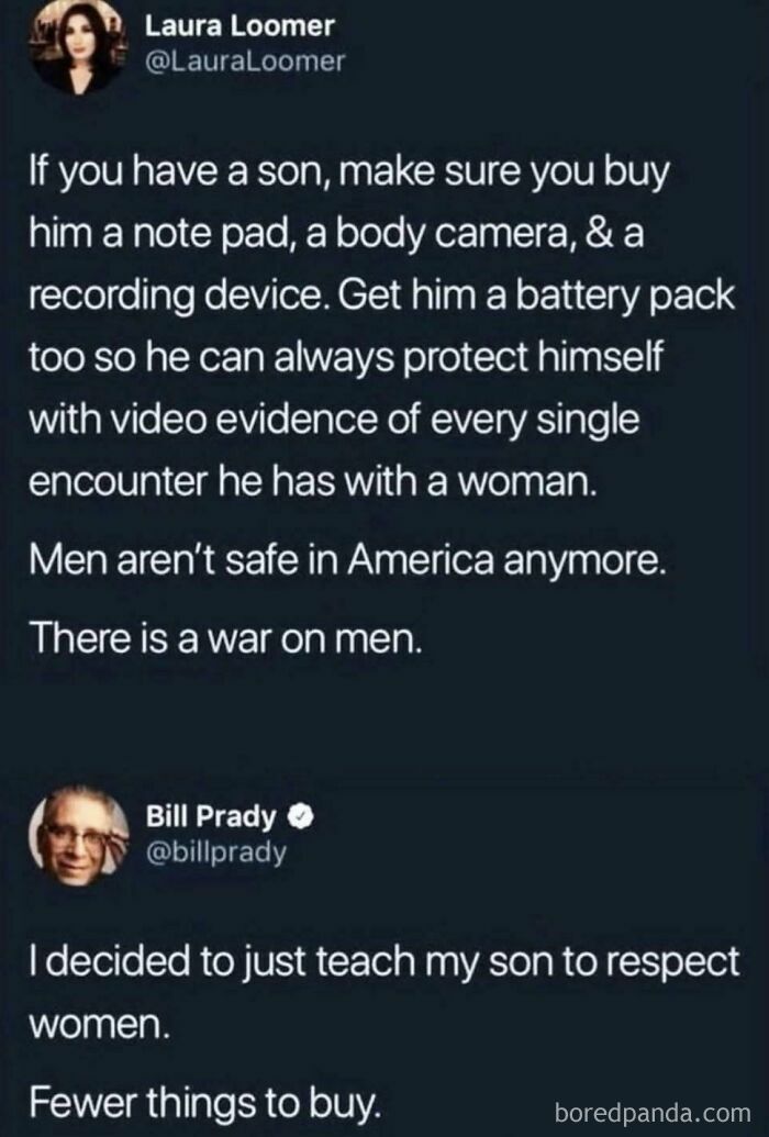 Two tweets about raising sons, one suggesting extensive protective gear, the other advocating respect for women, an ironic response.