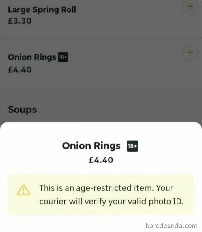 An online menu with age-restricted onion rings, one of the cringe posts that get funnier the longer you look.