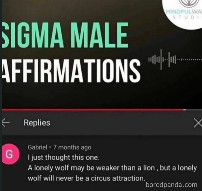 A screenshot of a YouTube comment about sigma male affirmations, a cringe post that gets funnier the longer you look.