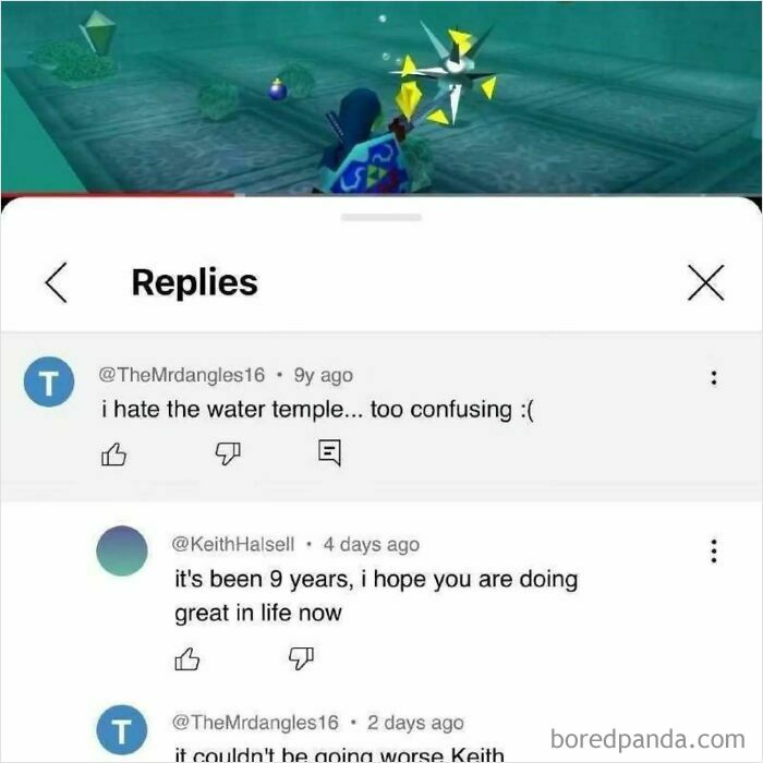 A screenshot showing YouTube comments about the Water Temple from a video game, highlighting cringe posts.