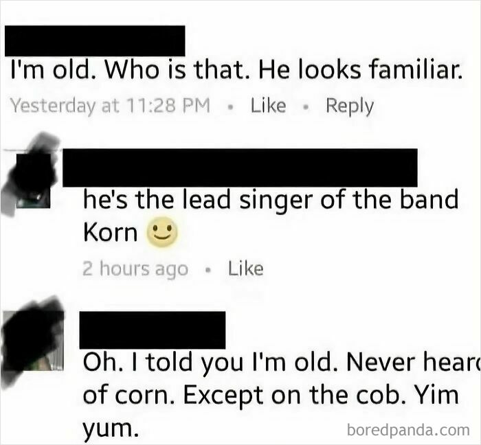 A painfully cringe post of a social media comment thread where someone confuses the band Korn with corn on the cob.