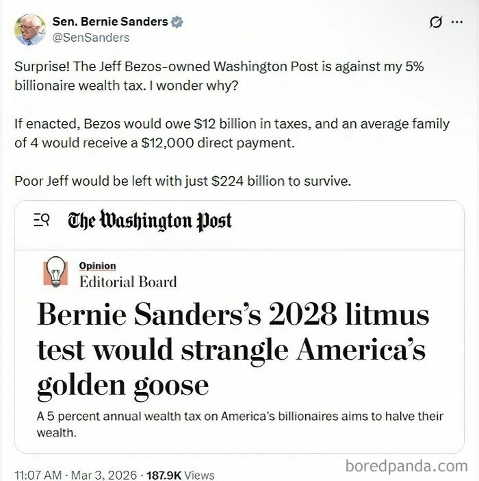 Ironic responses from Bernie Sanders and The Washington Post about a billionaire wealth tax.