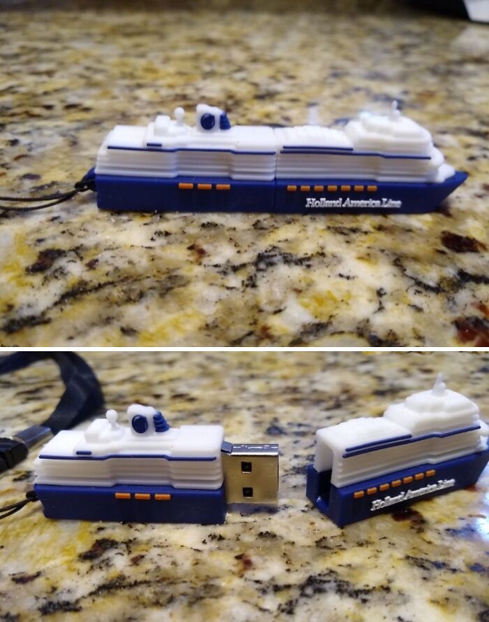 A brilliant designer USB drive shaped like a Holland America Line cruise ship, cleverly transformed.