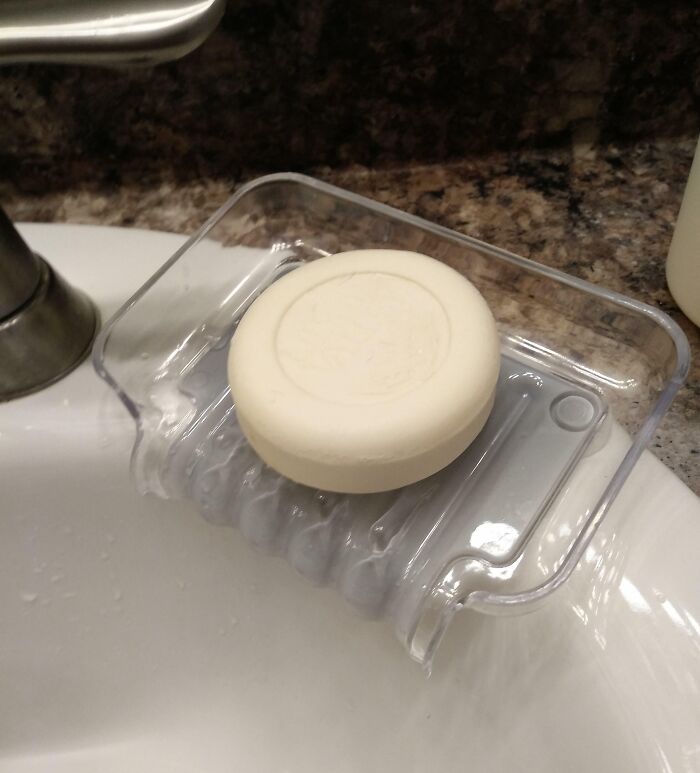 An ordinary bar of soap on a soap dish. Designers made this ordinary thing slightly more enjoyable.