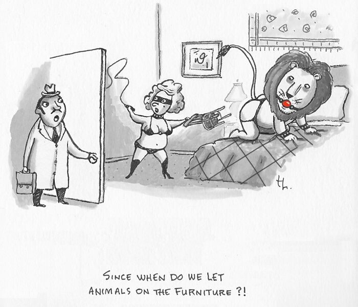 A humorous single-panel cartoon by Tim Haggerty shows a man surprised by his wife with a lion on their bed.