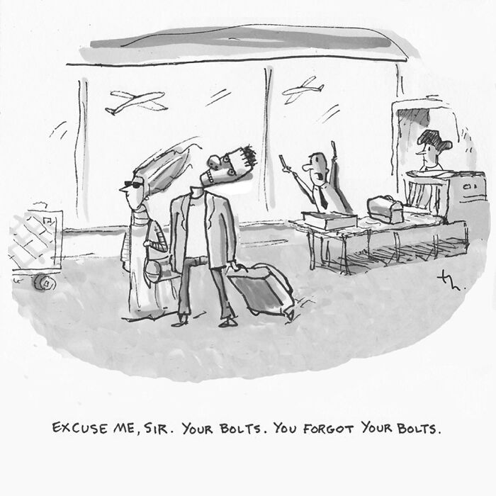 A single-panel cartoon by Tim Haggerty shows a man losing his head at airport security, featuring sharp humor.
