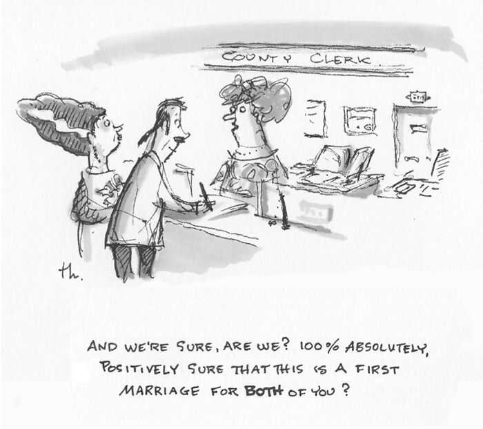A sharp humor single-panel cartoon by Tim Haggerty of Frankenstein's monster and bride at a county clerk's office.