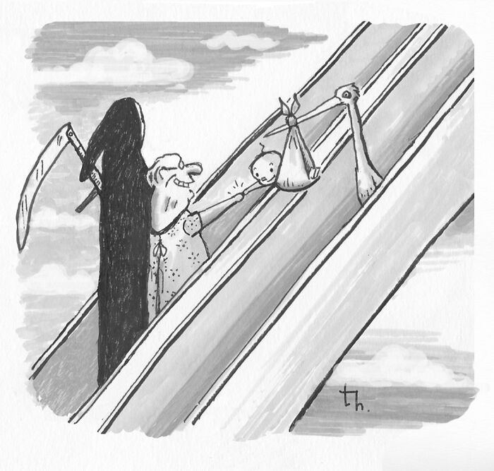 A single-panel cartoon by Tim Haggerty showing a stork delivering a baby, an old woman reaching, and the Grim Reaper.