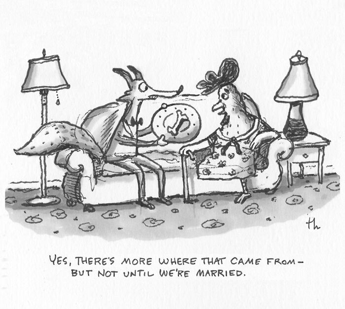 A fox offers a bone to a chicken on a couch, a sharp humor single-panel cartoon by Tim Haggerty.