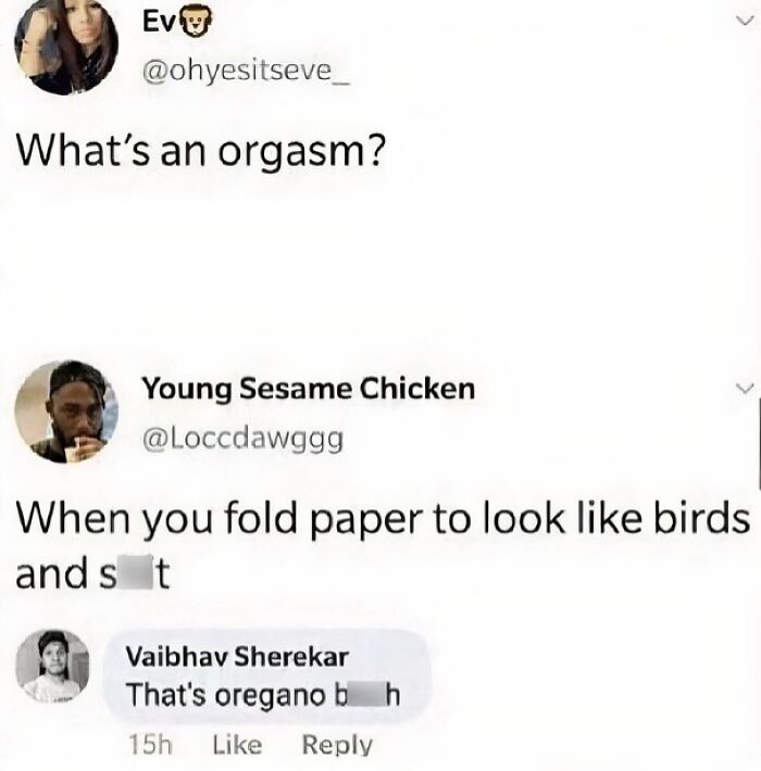 A social media post with someone correcting someone online, defining 'orgasm' with a pun about oregano.
