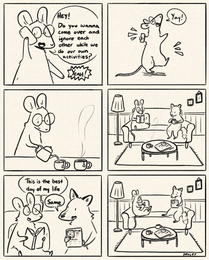 Funny and honest comic about life's little moments: Two friends enjoy ignoring each other while doing their own activities.