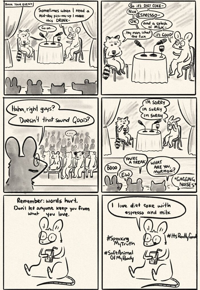 Funny and honest comics: A mouse drinks a concoction of diet coke, espresso, and milk, getting booed.