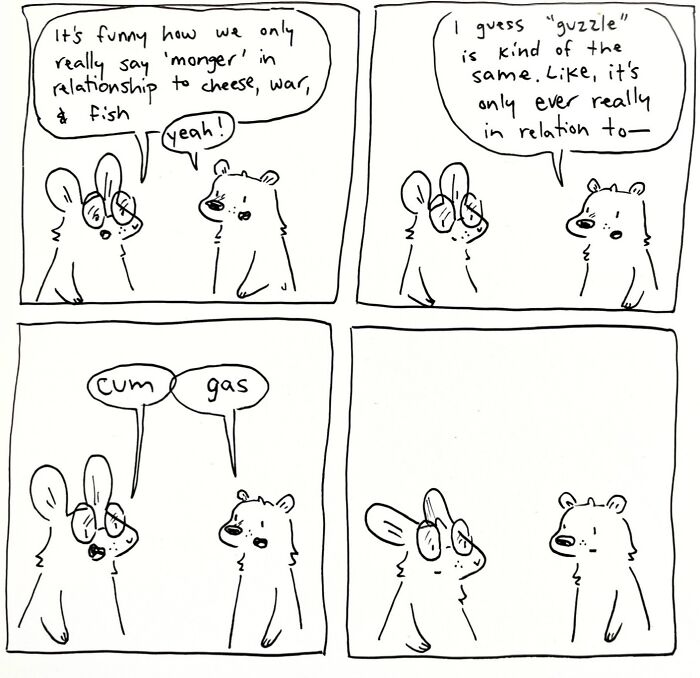 Funny comic about life: Two animals discussing unusual words like monger and guzzle, leading to an awkward silence.
