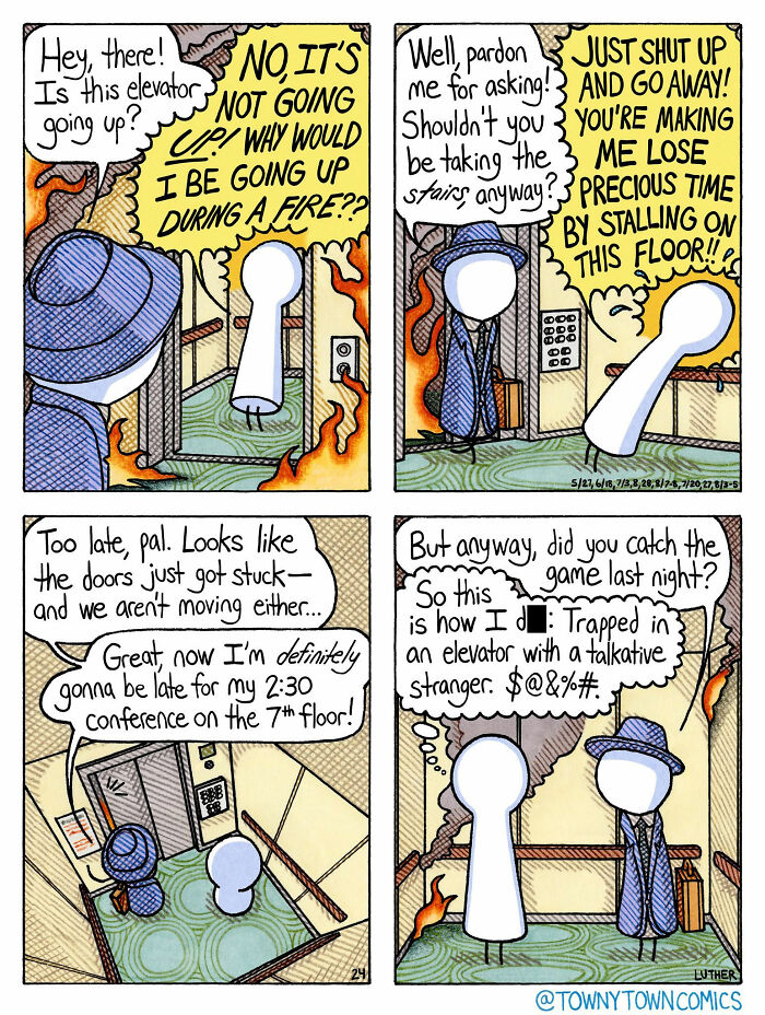 A comic depicting ridiculous everyday life in the US Midwest, showing characters trapped in a burning elevator.
