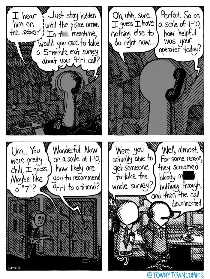 A comic depicting ridiculous everyday life in the US Midwest, showing a character on the phone during an emergency.